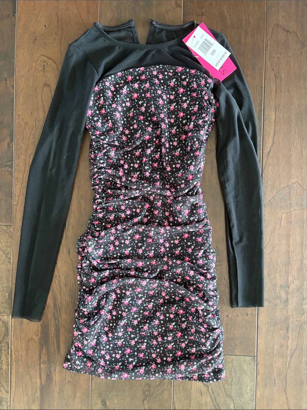 Girls' Black Floral Ruched Long-Sleeve Party Dress